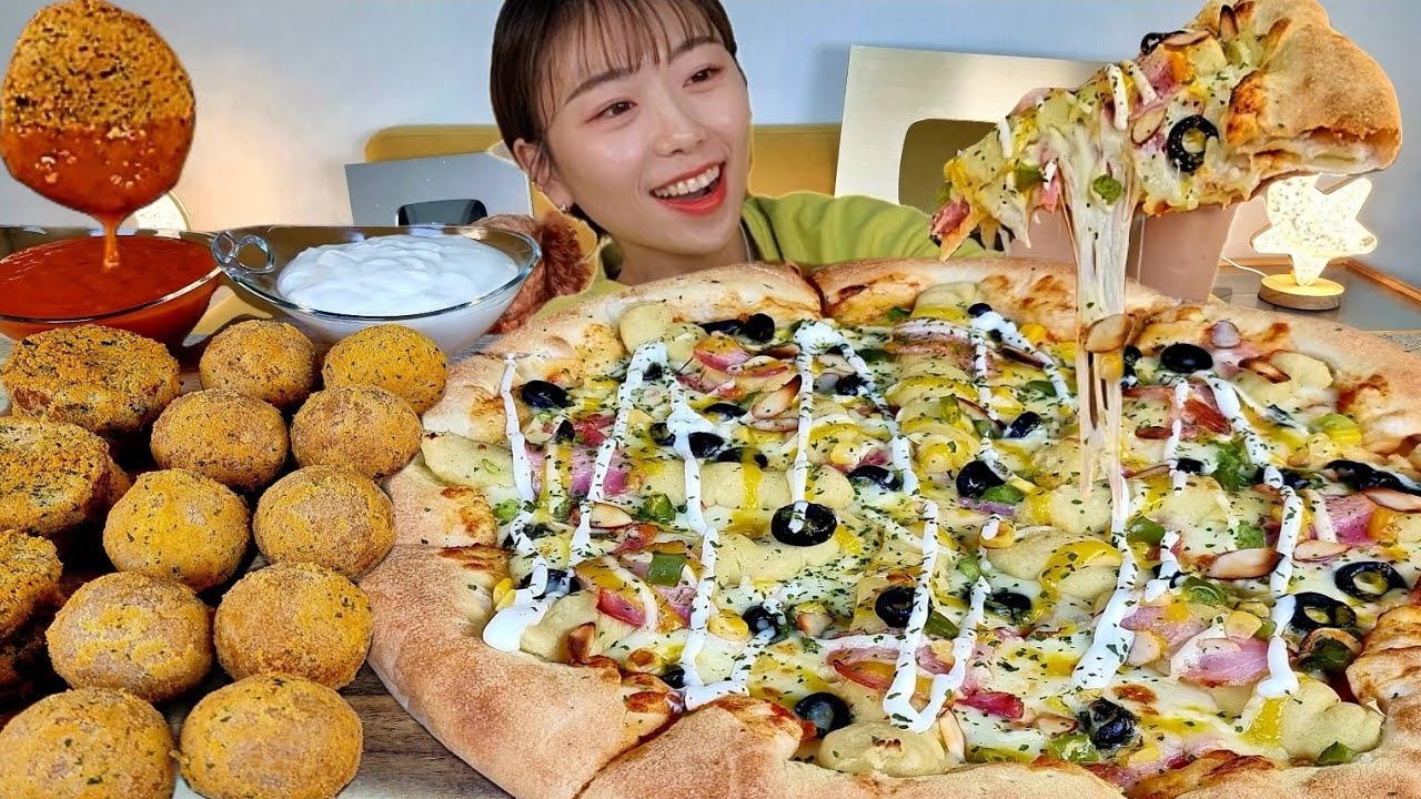 ASMR Пицца из сладкого картофеля🍕, Сырные шарики, Миан Бао Ся (тосты с креветками) МУКБАНГ