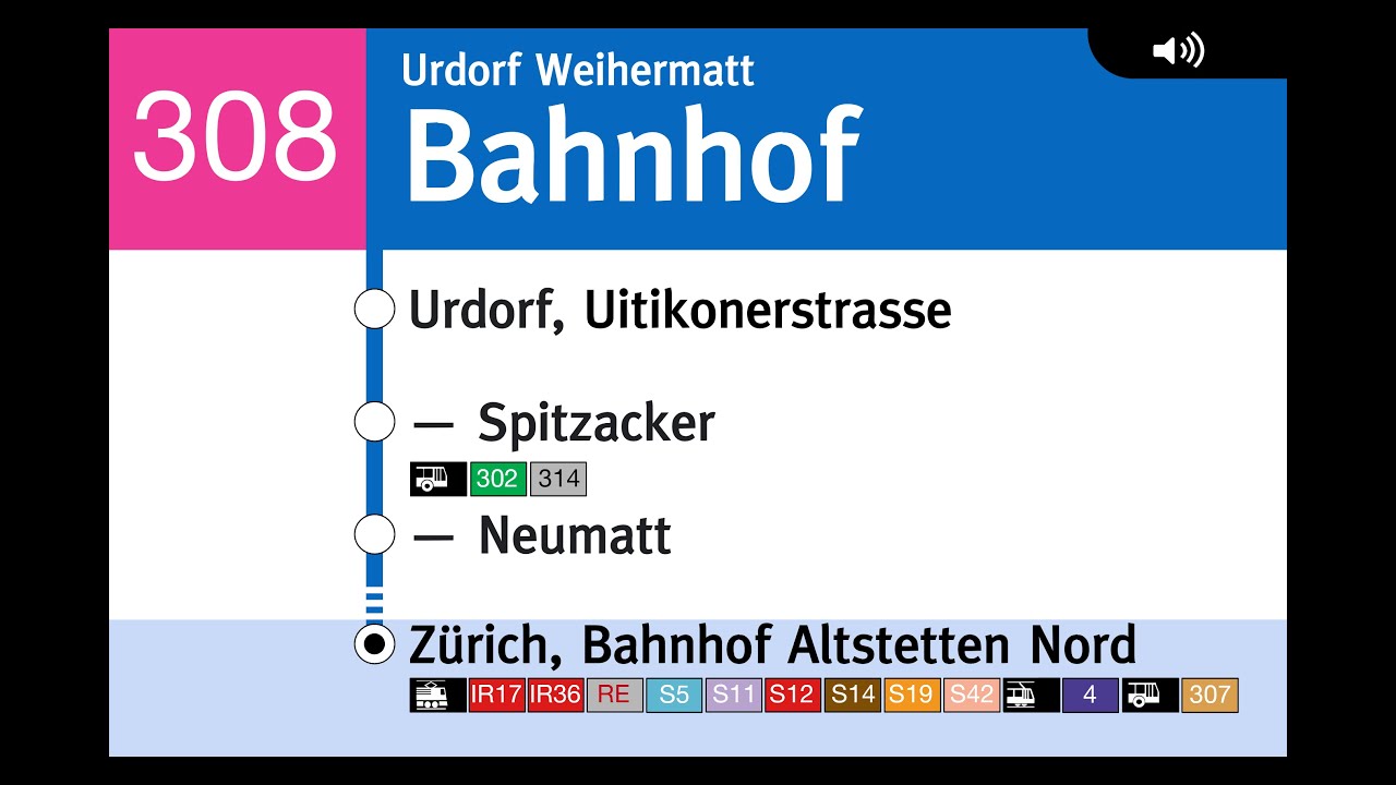 VBZ Ansagen » 308 Urdorf Weihermatt, Bahnhof — Zürich, Bahnhof Altstetten Nord| SLBahnen