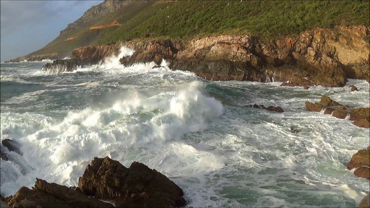 Moody 1hr nature scene - ocean waves rumbling into Neptune's Tavern at sunset - HD 1080P