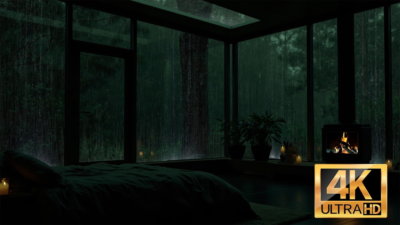 SLEEP IN 5 MINUTES (No Ads) 💤 4K Ultra HD 🌧️ Soft Forest Rain & Distant Thunder 🔥 Warm Glass Cabin