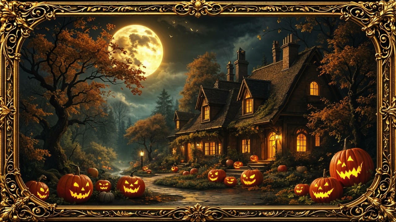 Autumn Halloween Pumpkins at Night | Scary Moonlit Gold Frame TV Art | No Sound 2 Hours
