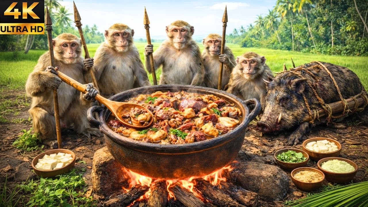 बंदरों का जंगल शिकार और खाना पकाना ❤️Monkeys’ Jungle Hunt & Cooking