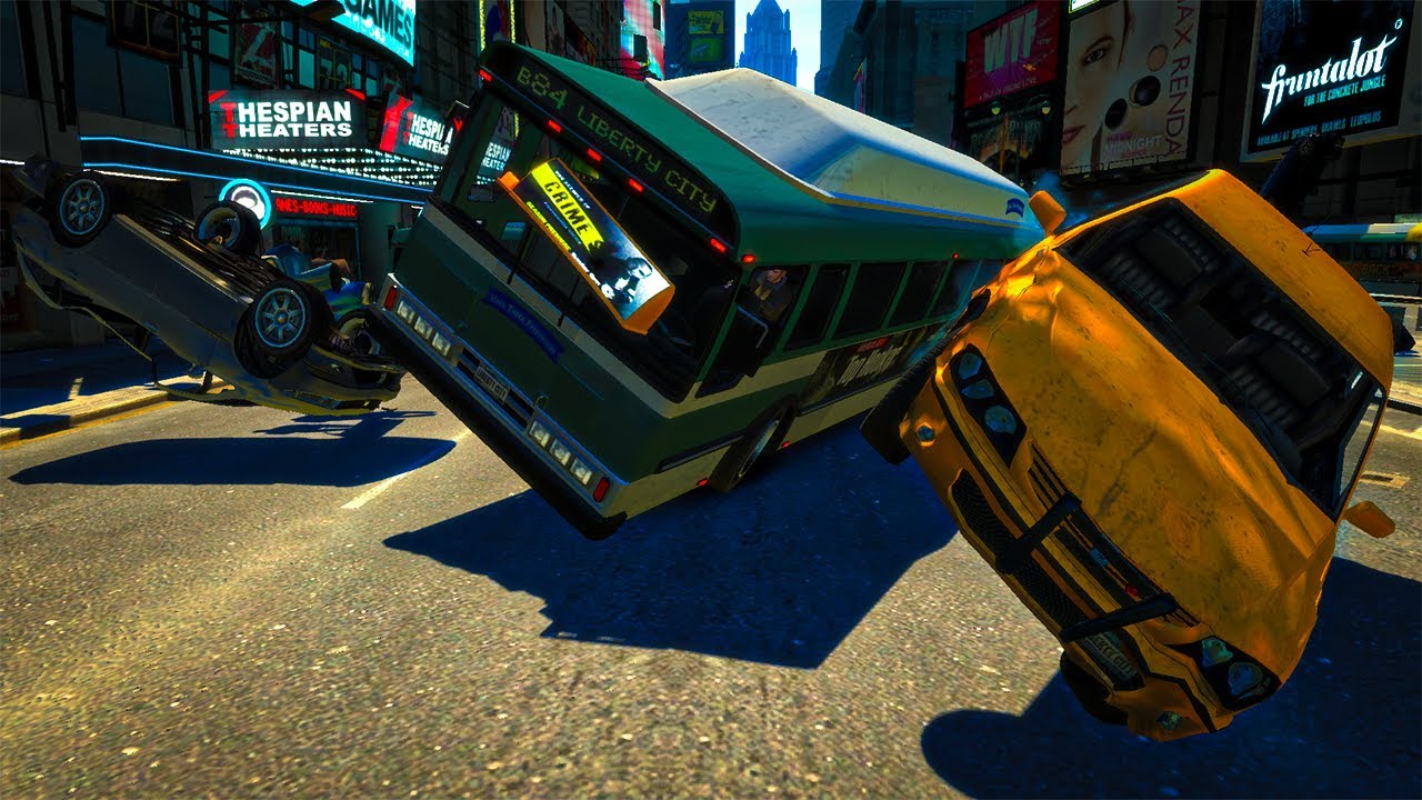 Неразрушимый автобус против машин на Таймс-сквер - GTA 4