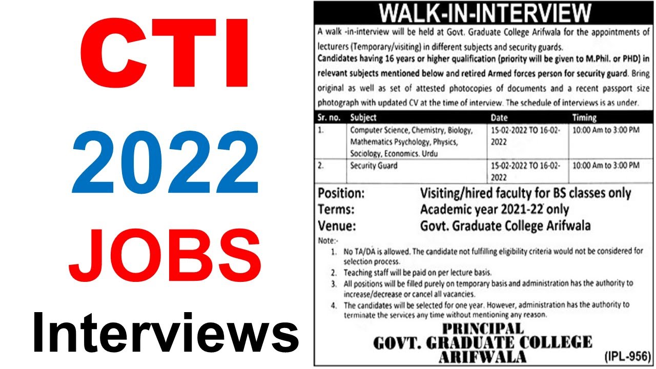 Breaking news CTI Jobs 2022 Announced Walk In Interviews CTI Jobs 2022 Free Apply No Fees College