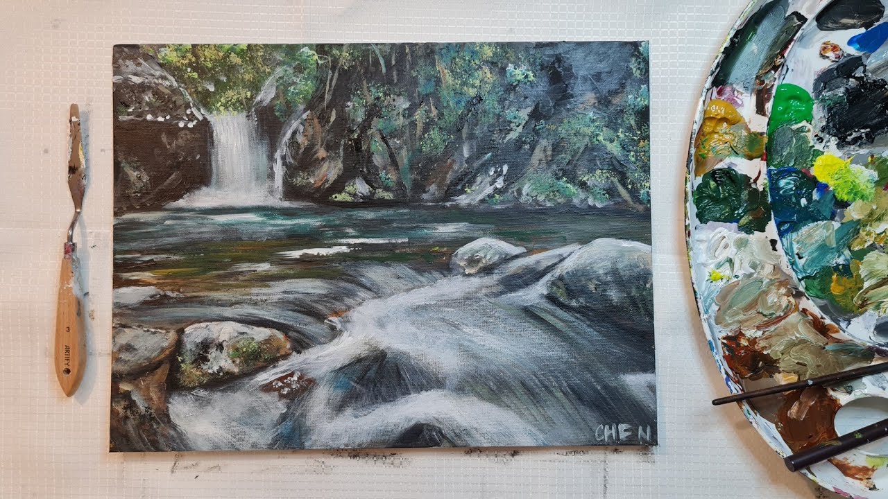 Water Falls on Shallow Waters Acrylic Painting Tutorial by Cheryl Navarro 