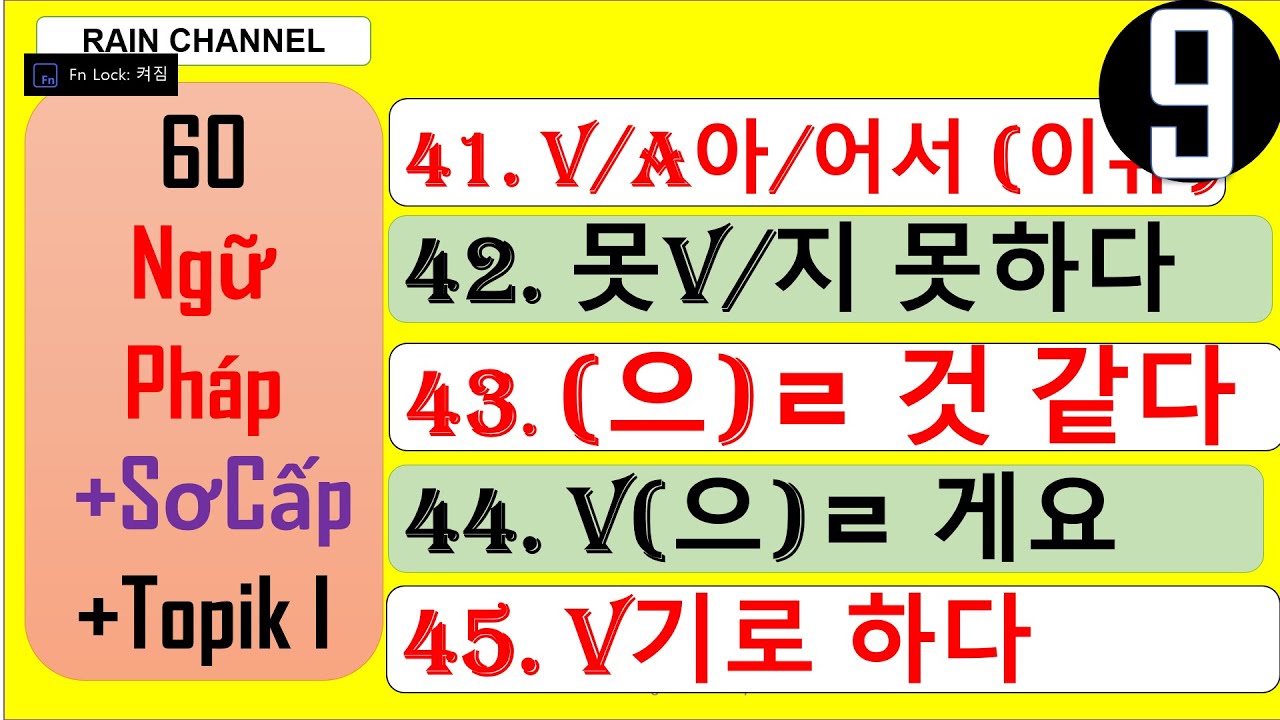 P9-Ngữ pháp아/어서(이유)/못-지 못하다/ 을/ㄹ게요/을.ㄹ 것 같다/ 기오 하다Tổng hợp 60 Ngữ Pháp Siêu Cần tiếng Hàn Sơ Cấp