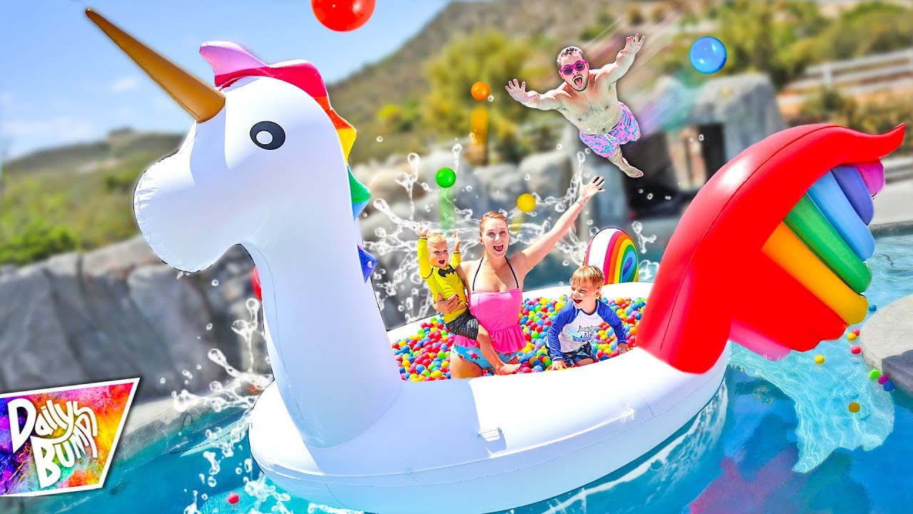 Giant Rainbow Unicorn FLOATING BALL PIT Swimming Pool Party! 🦄 💦