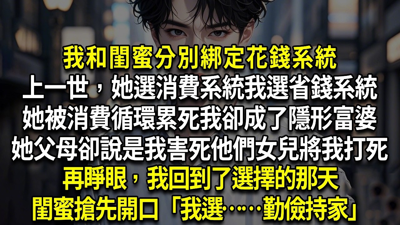 我和閨蜜分別綁定花錢系統上一世，她選消費系統我選省錢系統她被消費循環累死我卻成了隱形富婆她父母卻說是我害死他們女兒將我打死再睜眼，我回到了選擇的那天閨蜜搶先開口「我選……勤儉持家」