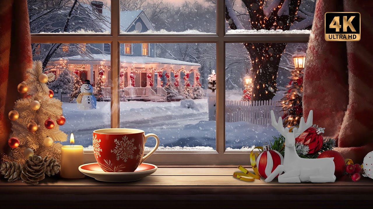 Cozy Christmas Window Ambience with Falling Snow, Blizzard Winds & Crackling Fireplace | 4K ❄️☕️☃️