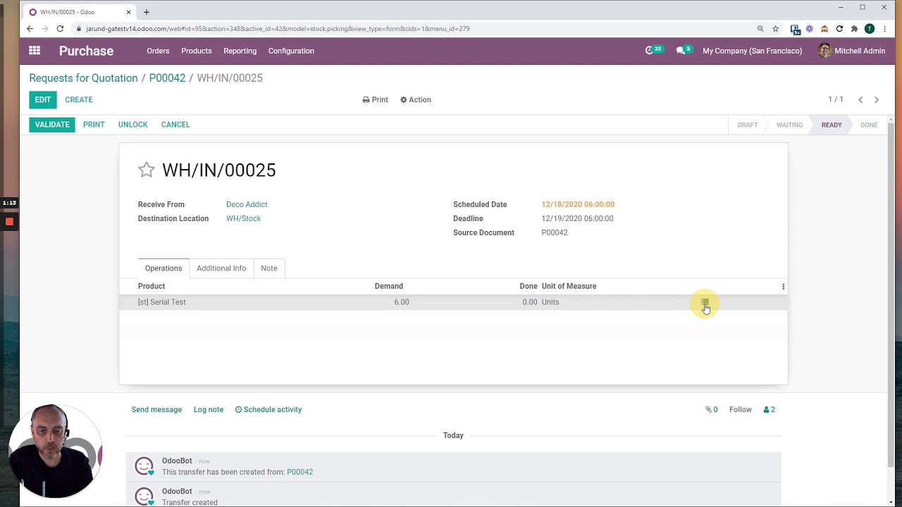 Entering Serial Numbers on PO Receipts in Odoo v14