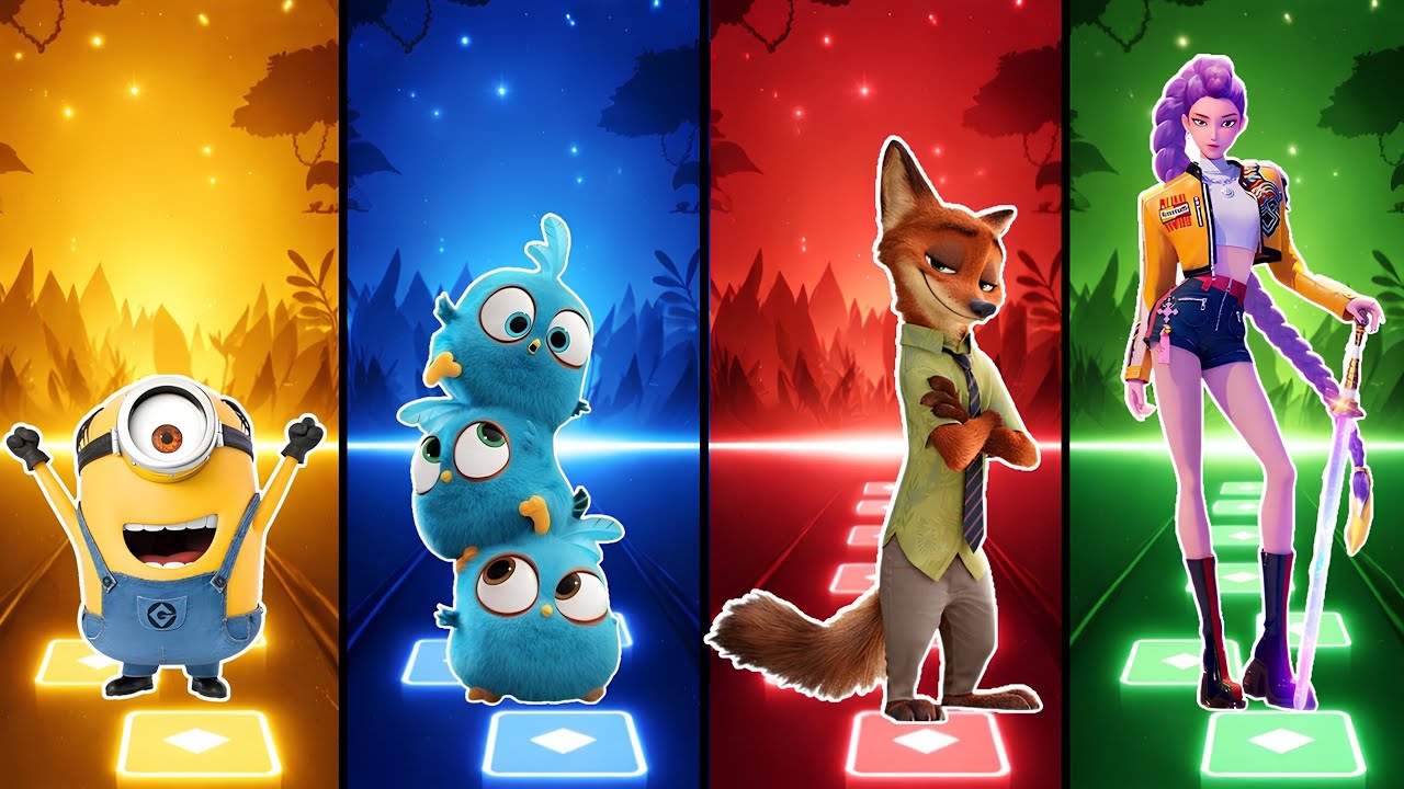 Миньоны 🆚 Злые птицы 2 🆚 Зверополис 2 🆚 K-pop Охотники на демонов в Tiles Hop EDM Rush 🎶🔥