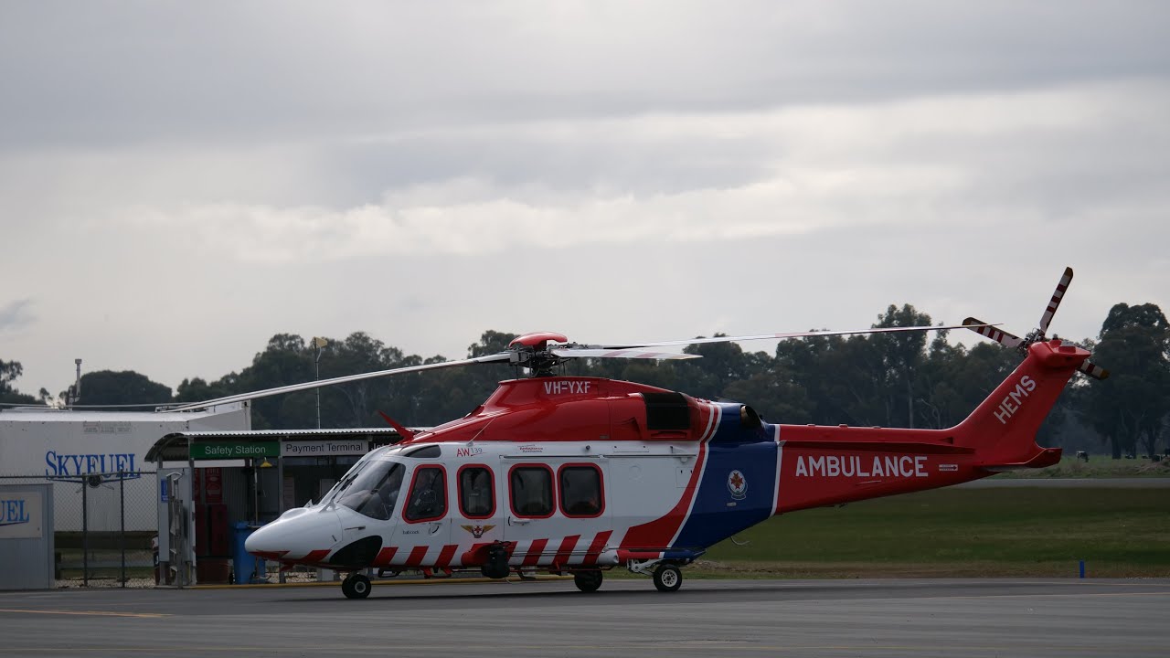 Arrival & Departure of Ambulance Victoria AW139 at Wangaratta. 4K