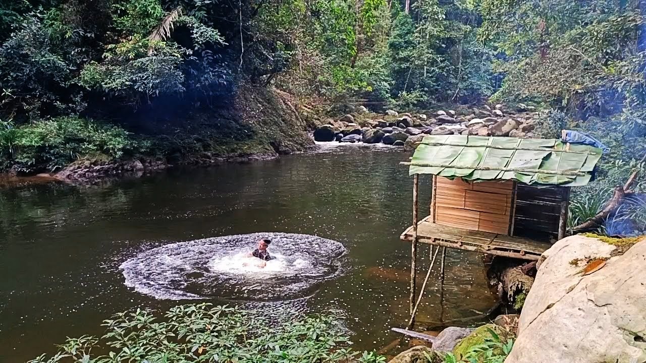 Solo Camping survival|| build a shelter over the river