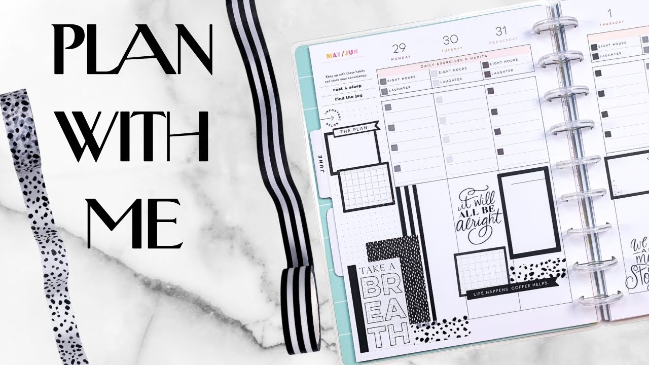 Plan With Me Stress Management [Happy Planner June 2023 - Black & White Spread]
