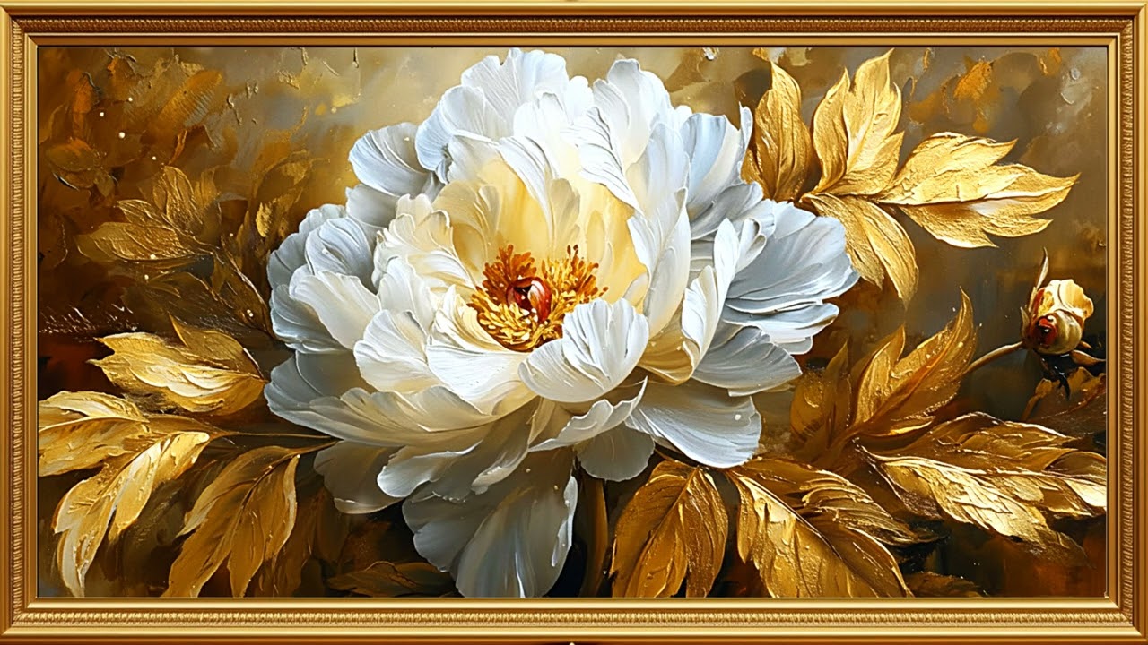 4K Animated White Peony Art with Subtle Sparkle | Gold Frame TV Art