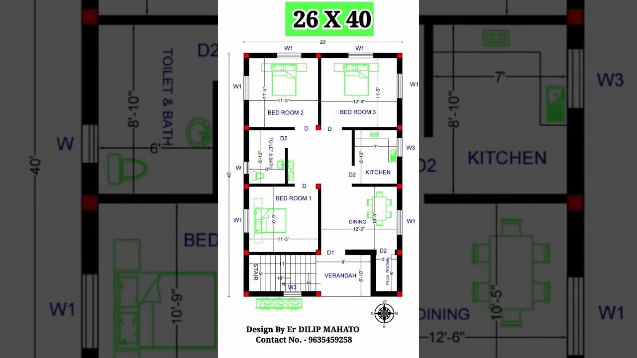 #26x40 House Plan with 2 bedroom ! 26 by 40 ghar ka naksha  #shorts #building_plan #engineer_mahato