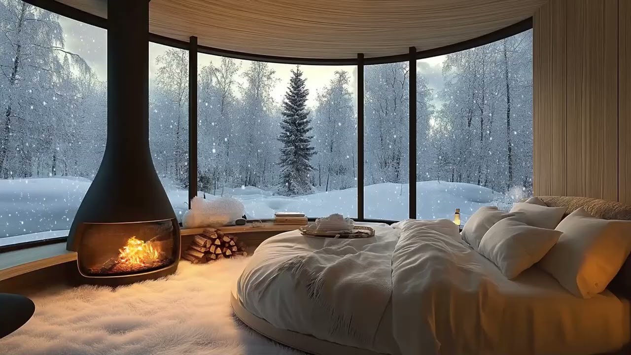 Cozy Nordic Winter Bedroom ❄️ Crackling Fireplace, Falling Snow & Peaceful Sleep Sounds