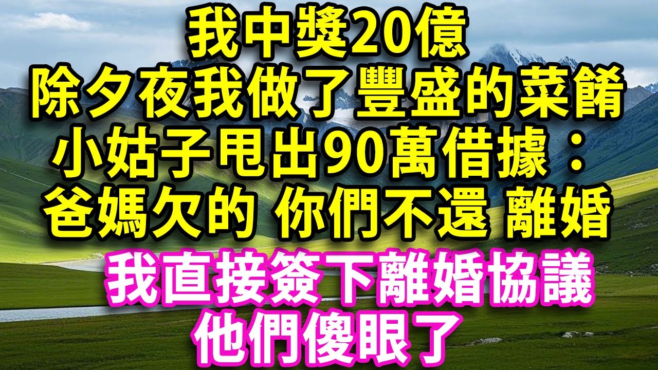我中獎20億 除夕夜我做了豐盛的菜餚 小姑子甩出90萬借據：爸媽欠的 你們不還 離婚  婆婆一臉理所當然我直接簽下離婚協議他們傻眼了#人生感悟 #健康 #情感故事 #婚姻#老年生活 #家庭 #故事