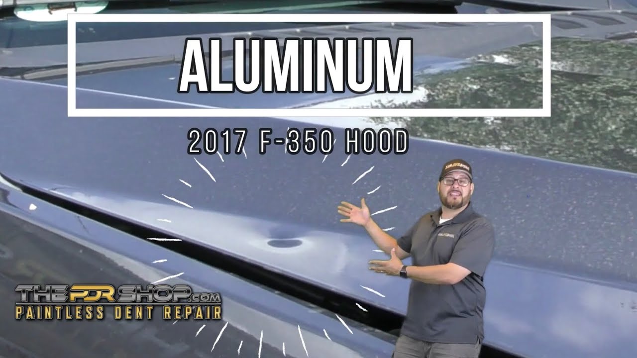 Dented 2017 Ford F-250 Aluminum Hood Paintless Dent Repair Kyle TX, Buda TX, Austin TX