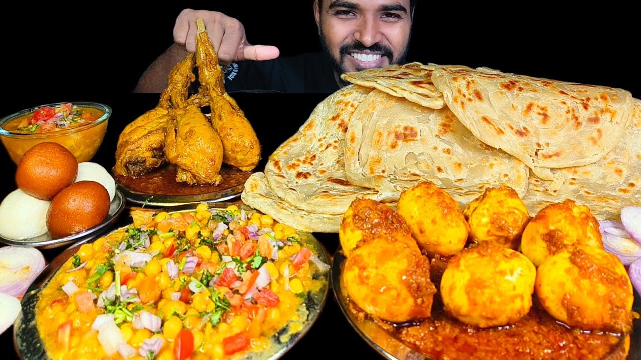 Eating Chicken Curry with Parotta, Egg Curry, Chole, Gulab Jamun & Rasgulla Mukbang
