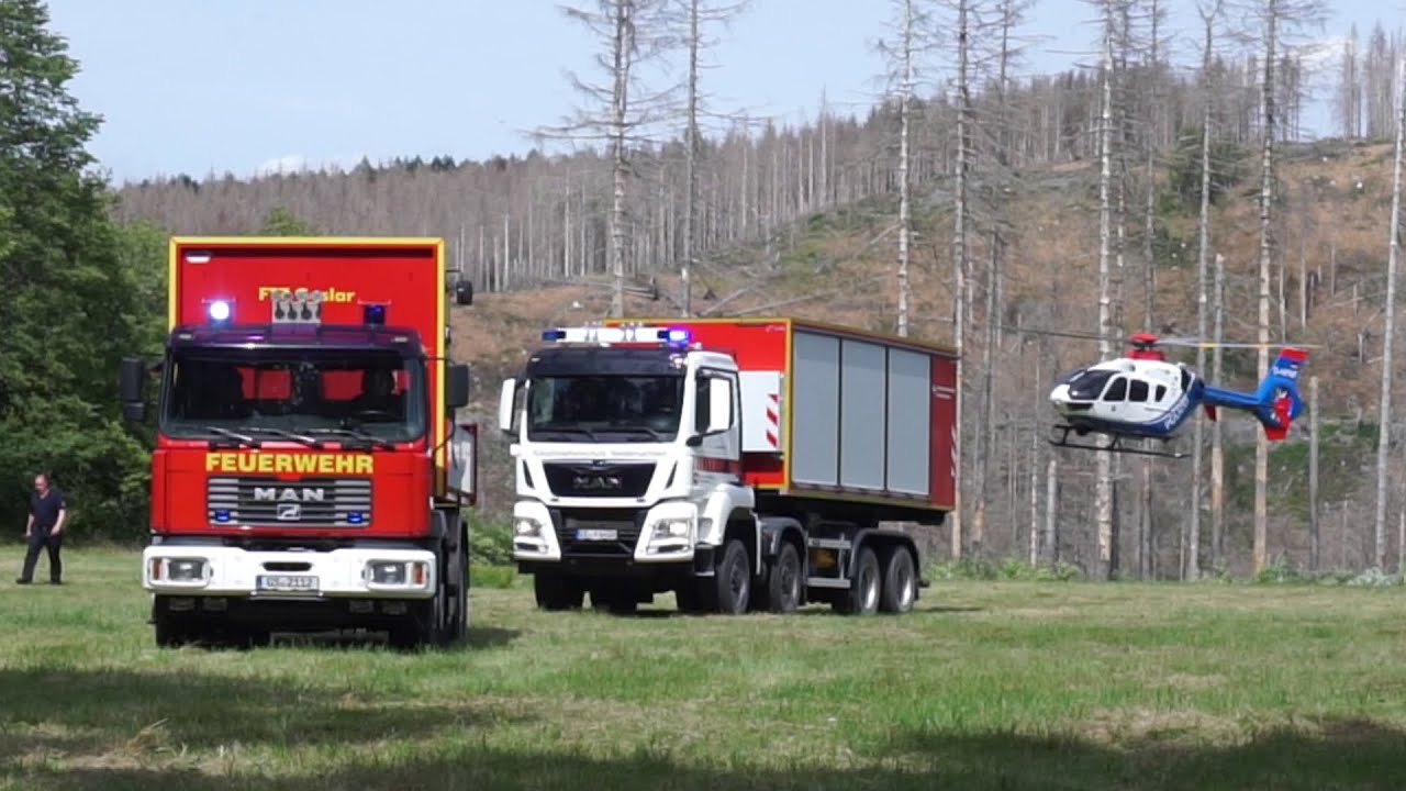 [WALDBRAND GROßÜBUNG LK GOSLAR] AB-VegBBK, Polizei-Löschhubschrauber mit HORN, Einsatzfahrten & mehr