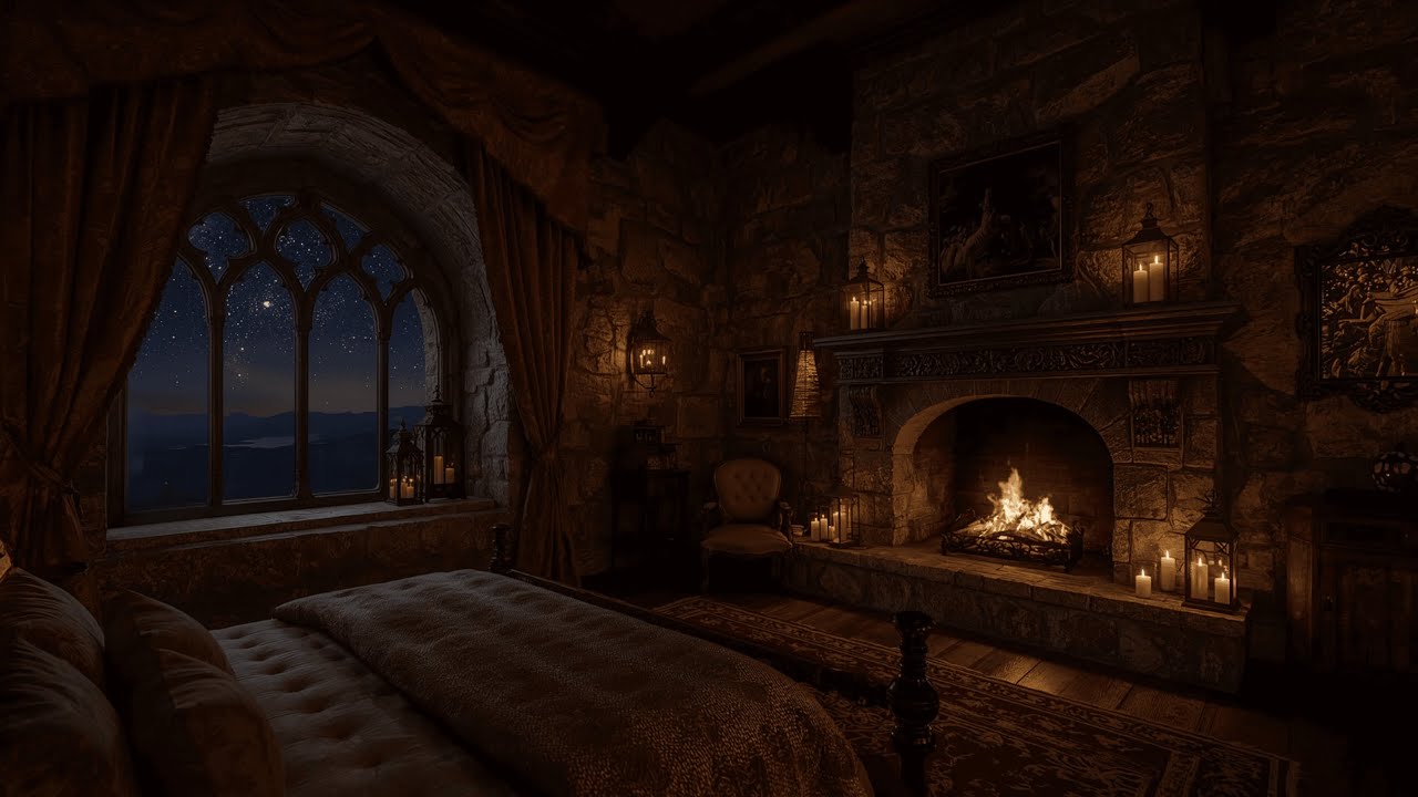 Fireplace Crackles in Stone Castle | Stars Shine Above for Deep Relaxing Sleep