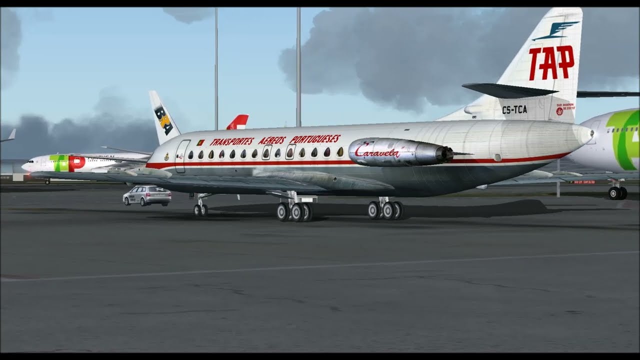 SE 210 CARAVELLE TAP TRANSPORTES AÉREOS PORTUGUESES TAKE OFF FROM LISBOA INTL AIRPORT FS9 HD