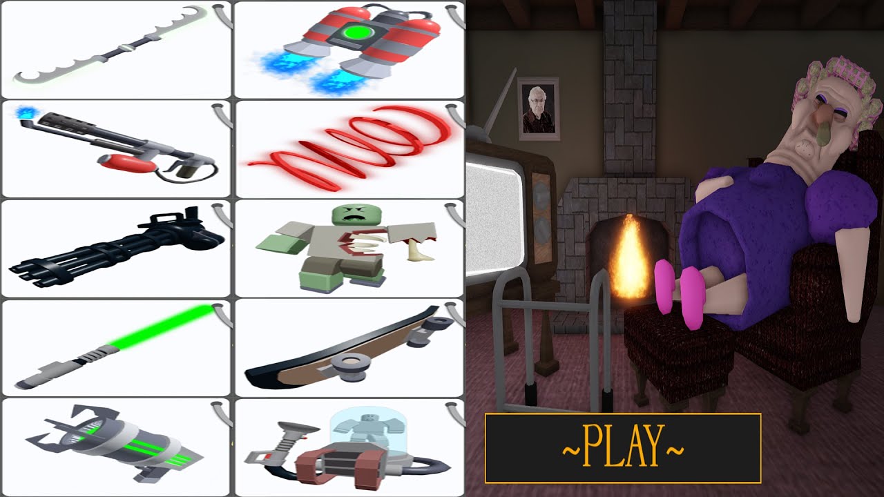 GRUMPY GRAN (SCARY OBBY) 10 Items Unlocked: Skate, Dual Blade, Minigun, Jetpack, Sky Ray, Speed Coil