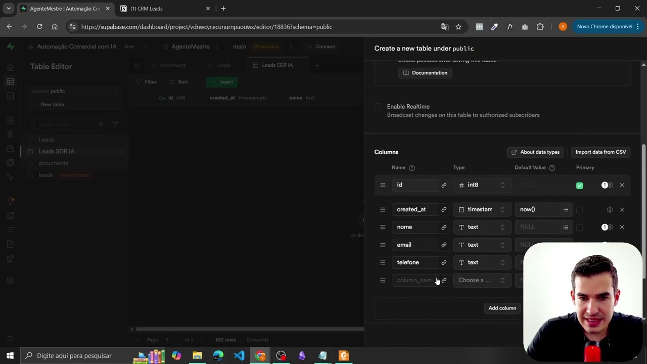Aula 36 – Construindo o Agente de IA SDR no WhatsApp: Setup do Banco de Dados no Supabase