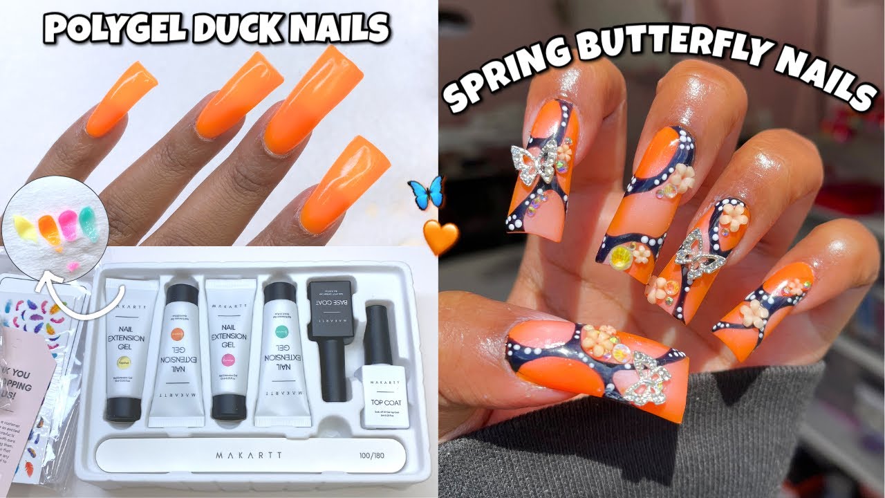 SPRING BUTTERFLY DUCK NAILS 🧡 BEGINNER MAKARTT POLYGEL KIT UNBOXING | POLYGEL APPLICATION