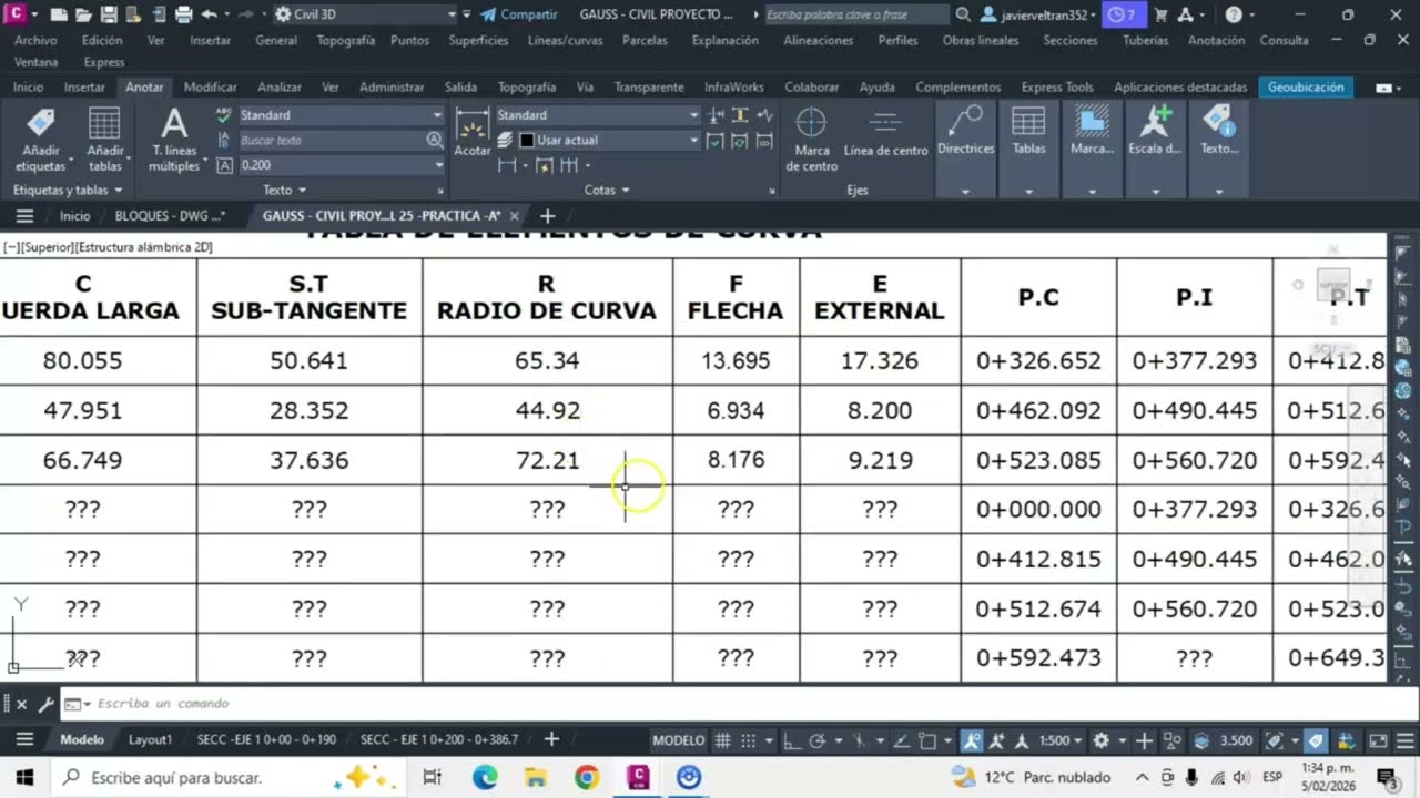 TABLAS CORRESPONDIENTES A LA INFORMACIÓN DE TANGENTES Y CURVAS HORIZONTALES DE UNA ALINEACIÓN 🧑‍💻