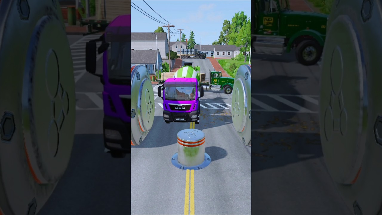 Colorful Long Cargo Trucks & school bus vs Bollards Crash – BeamNG.drive