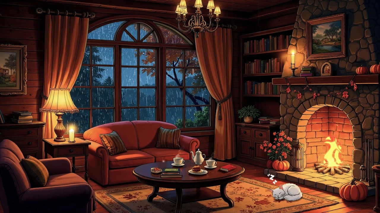 it's 1950's rainy night by the fireplace with classic oldies playing in another room