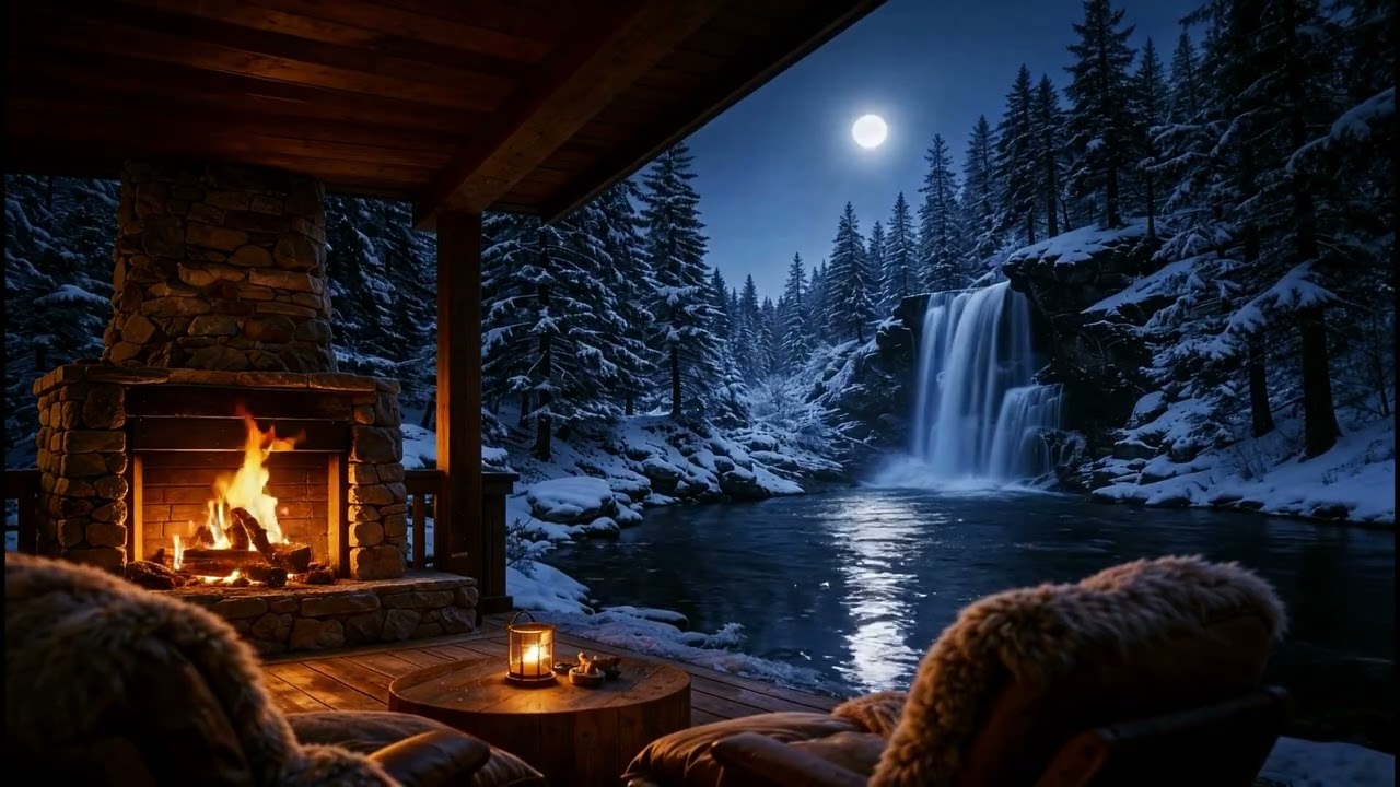 Cozy Fireplace and Waterfall Sounds | Relaxing Cabin Night Ambience 4K