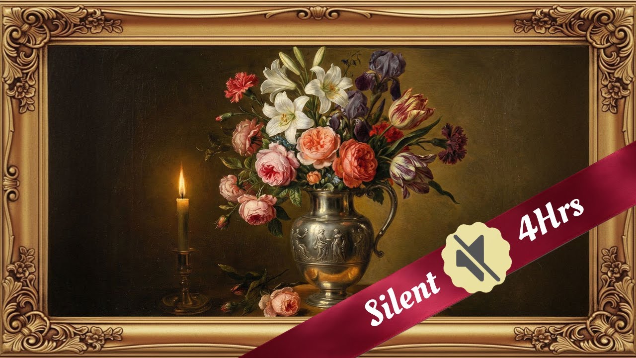 4-Hour 4K 📺 TV Art Frame  🔇Silent 🖼️  Flowers in the Candlelight 🎨 Rembrandt-Inspired Painting 💐