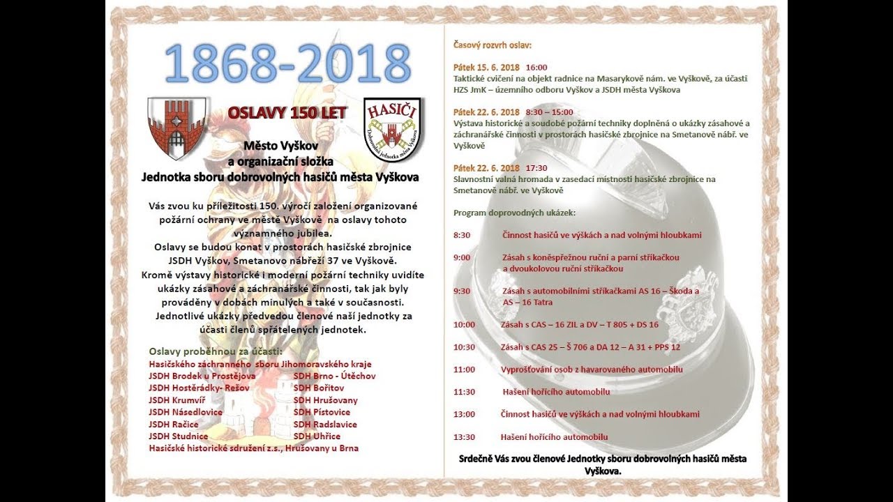 Hasiči ve Vyškově oslaví 150. výročí, oslavy proběhnou koncem června roku 2018