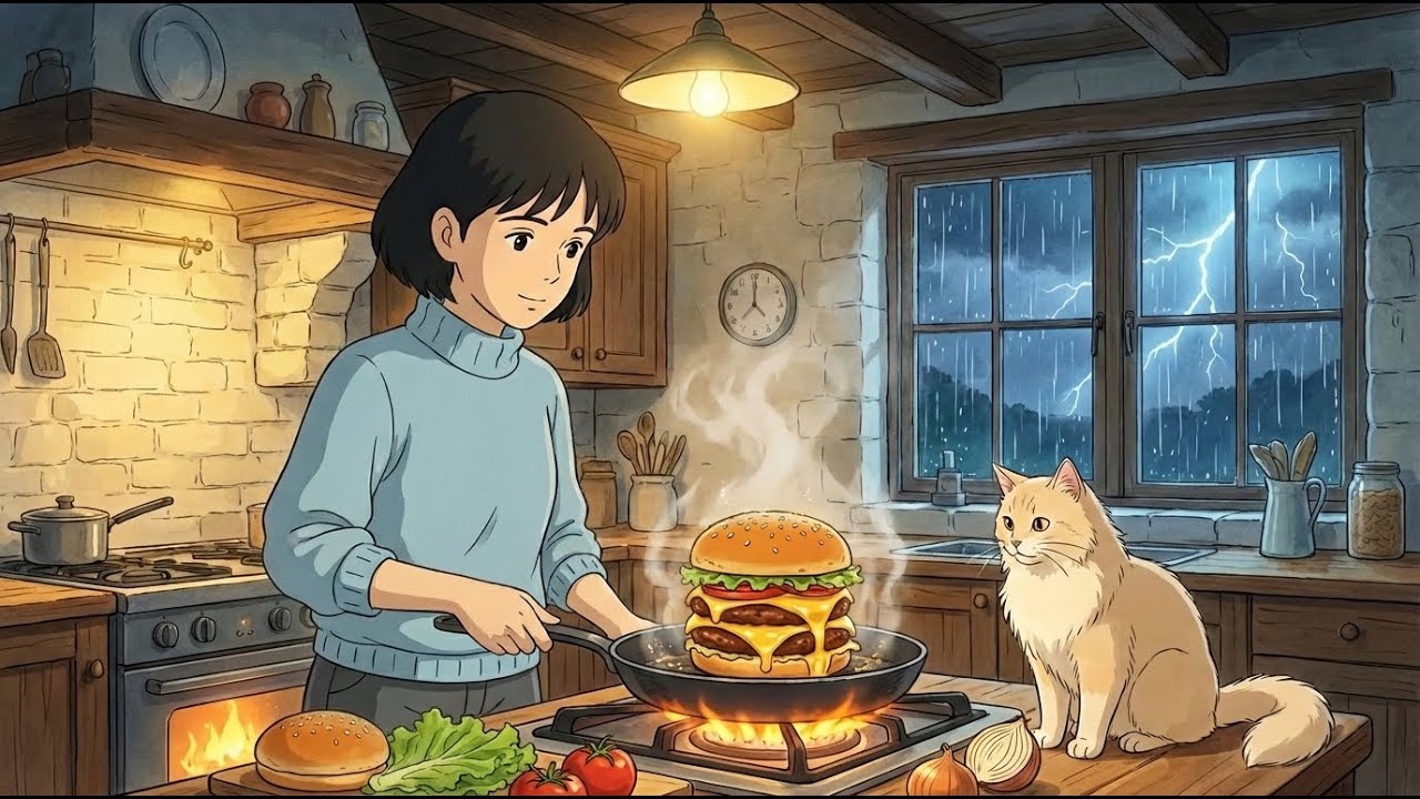 A Stormy Day Woman Simple House Juicy Cheeseburguer Cooking ASMR | Ghibli Cozy Style