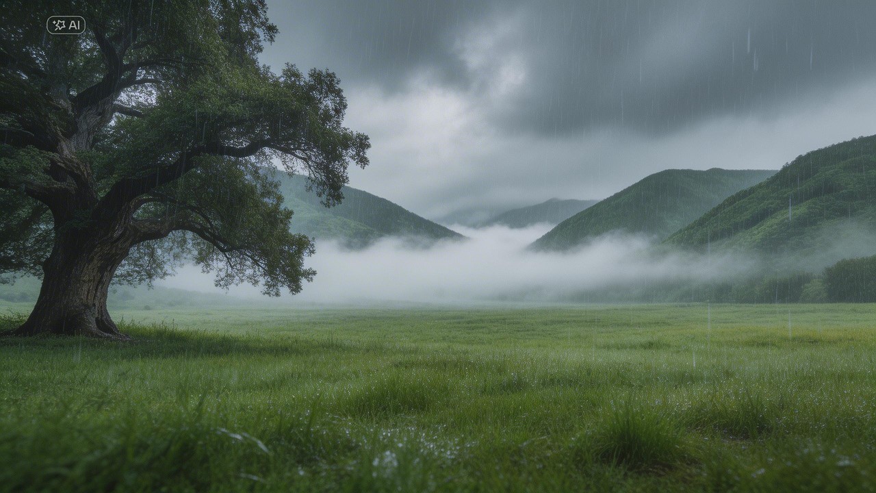 10 Hours Rainy Green Valley with Thick Fog 🏔️ | Relax & Focus