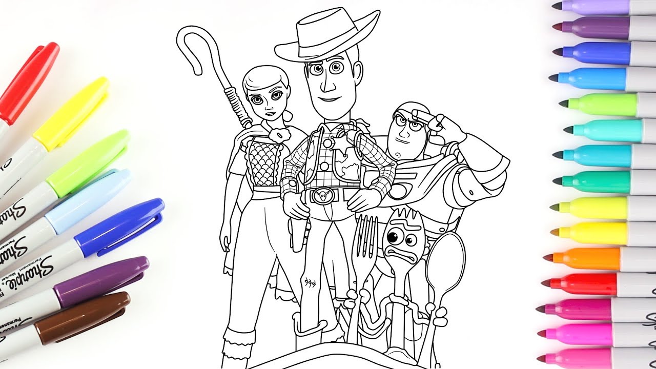 Toy story 4. Woody, Buzz Lightyear, Bo Peep and Forky - Coloring Pages for Kids | Rainbow TV