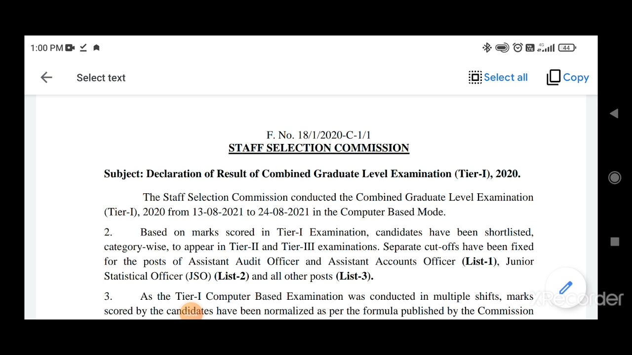 Ssc Combined graduate level examination Tier 1 2020 results  # ssc #cgl # chal #ssc _cgl