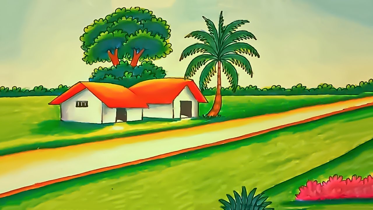 How to Draw Easy Scenery Drawing with Oil Pastels Drawing landscape village scenery Step by step