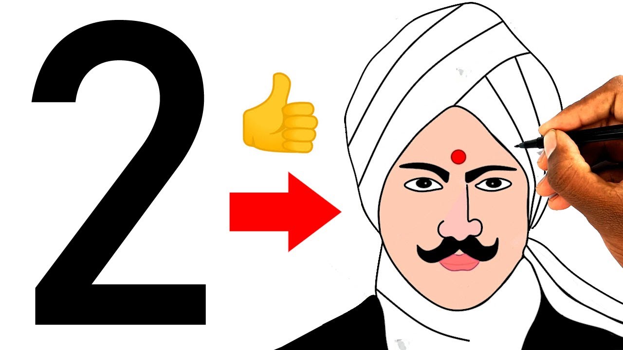 Turn number 2 into Mahakavi Bharathiyar drawing easy - How to draw bharathiyar - freedom fighter