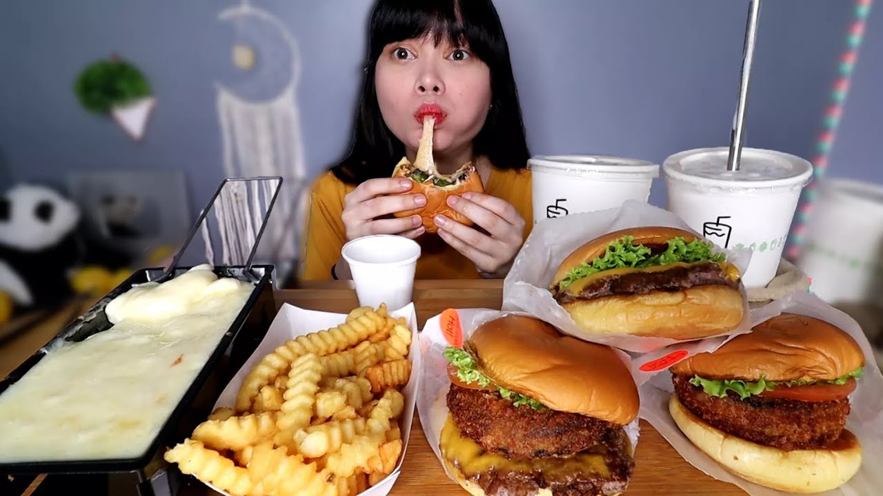 SHAKE SHACK MUKBANG | shack burger, shroom burger, shack stack burger,  fries and shakes