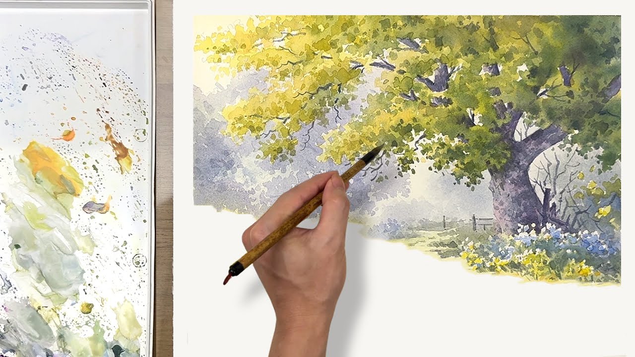 Watercolor scene painting –  Morning sunlight in Garden