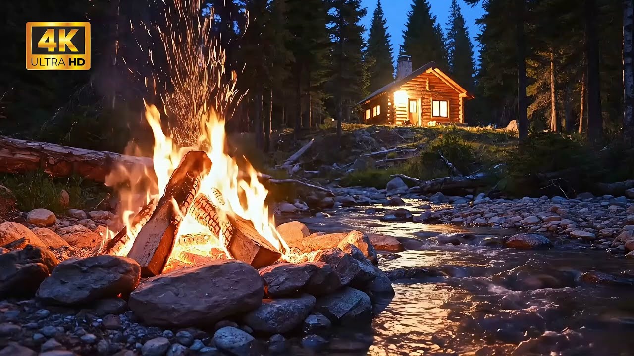 🔥 Campfire (4 Hours)& Flowing River Sounds 4K  | 4 Saat Ateş, Akan Nehir ve Dağ Evi Ambiyansı