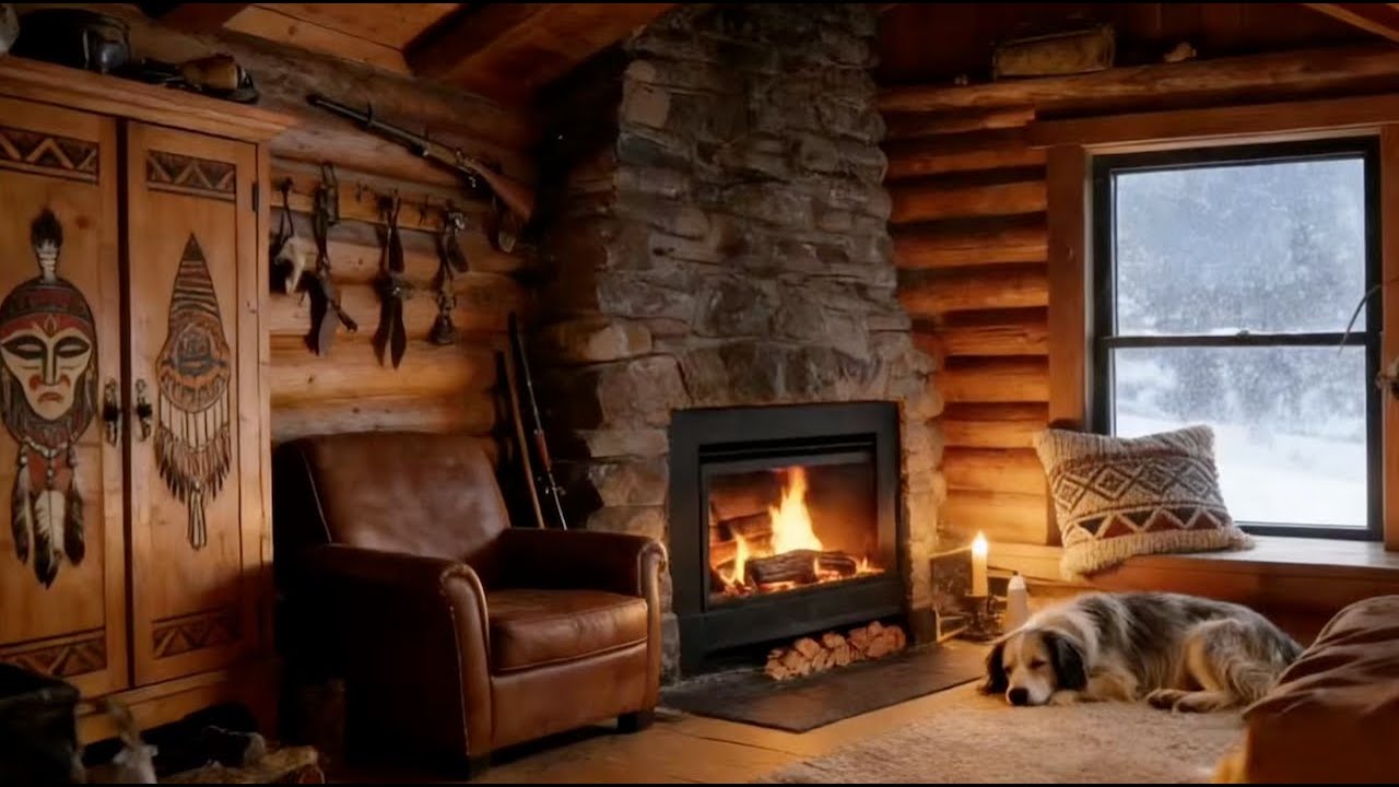 Fireplace Sounds White Noise for Sleep | Stone Fireplace Cabin | Snowstorm Window | Sleeping Dog