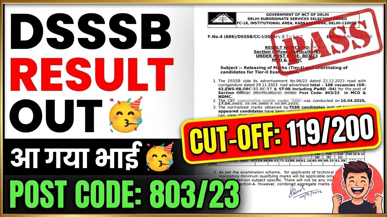 DSSSB Result 2026: Post Code 803/23 Tier-I Marks Released! Check Cut-Off Now