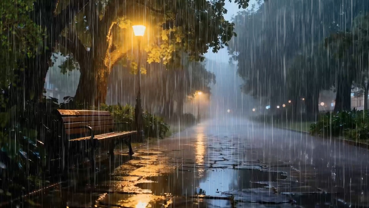 Heavy Rain Sounds at Night Beside Lonely City Park Woodland Bridge for Better Sleep | Smooth Rain