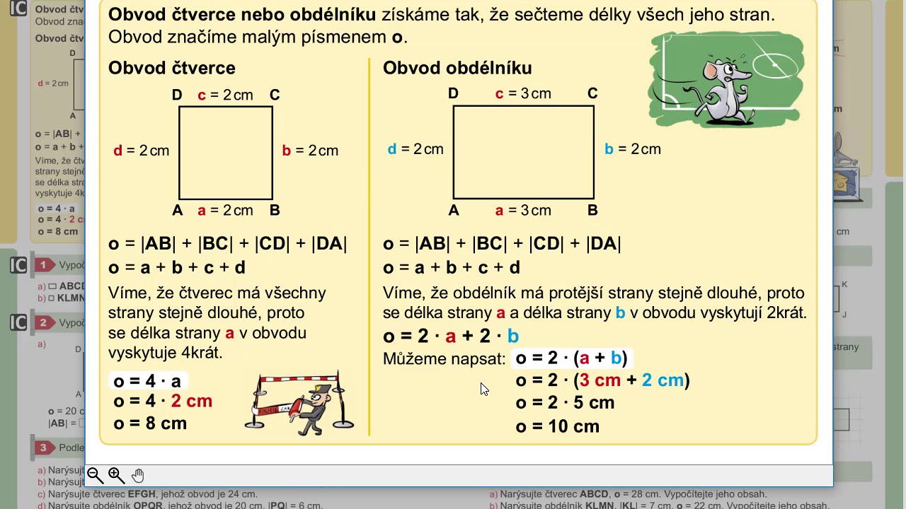 Obvod čtverce nebo obdélníku, Geometrie pro 5.roč., str. 26, cv. 1