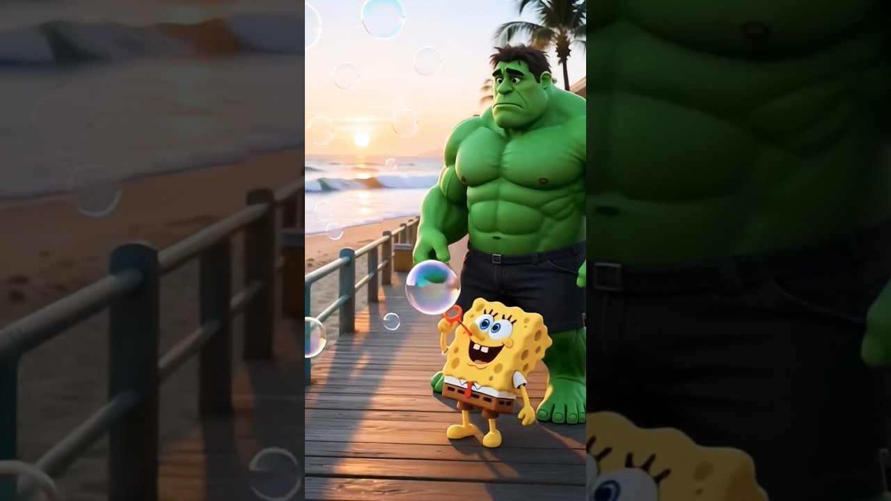 Hulk vs SpongeBob 🤣 Bubble Blast on Beach #Funny #Cartoon #Superhero